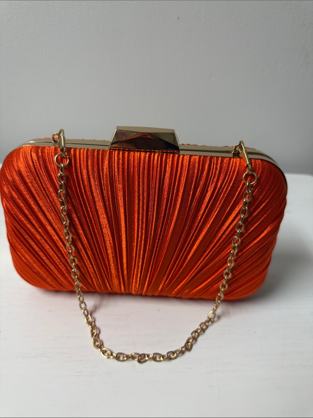 Orange Satin Evening Clutch with Gold Chain